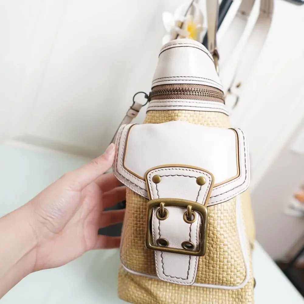 Coach Straw Tote Bag White Leather Y2K